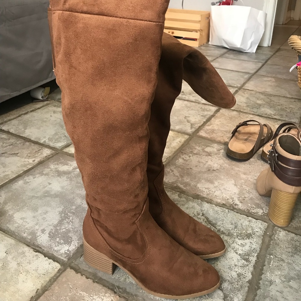 Brown suede knee high boots